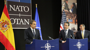 Zapatero, Rasmussen y Panetta, durante su rueda de prensa en la sede de la Alianza Atlntica.